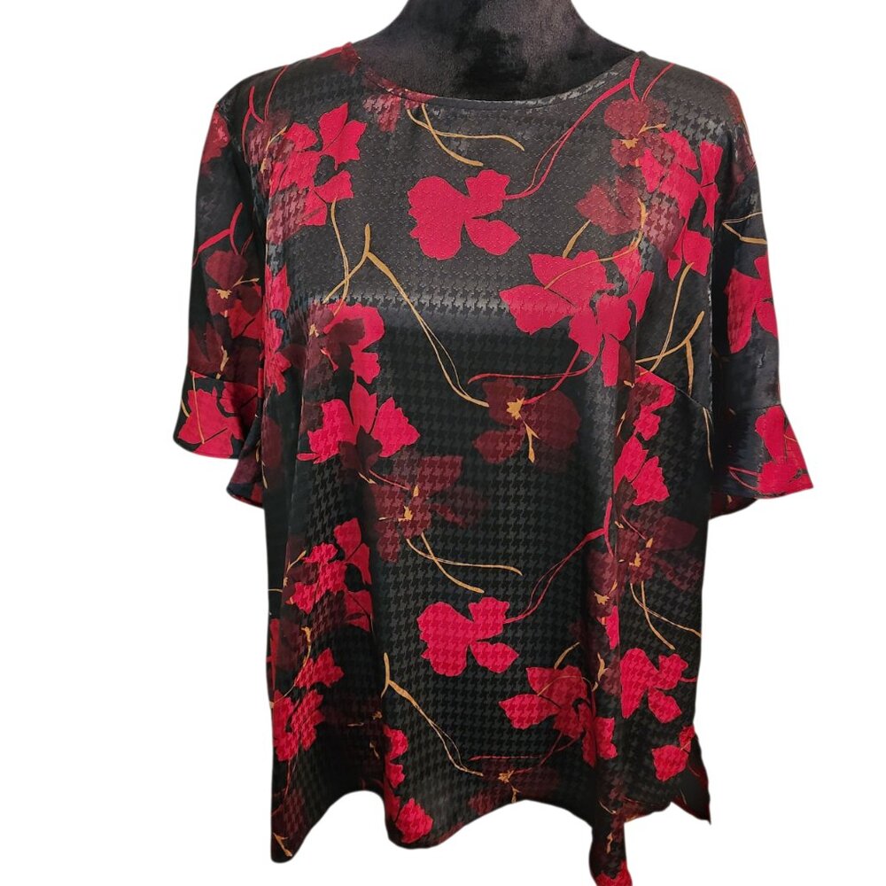 NWT Liz Claiborne Black Red Floral Blouse Size XL